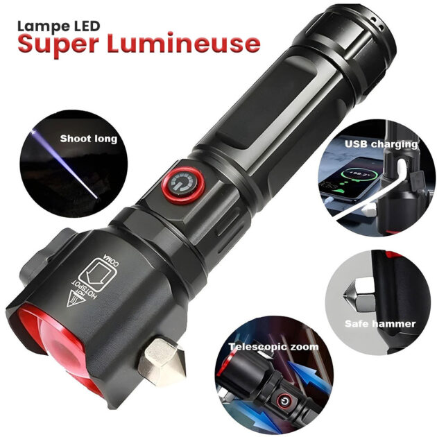 مصباح يدوي LED قوي متعدد الوظائف – قابل للشحن عبر USB ومزود ببنك طاقة