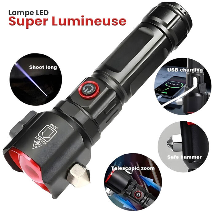 مصباح يدوي LED قوي متعدد الوظائف – قابل للشحن عبر USB ومزود ببنك طاقة