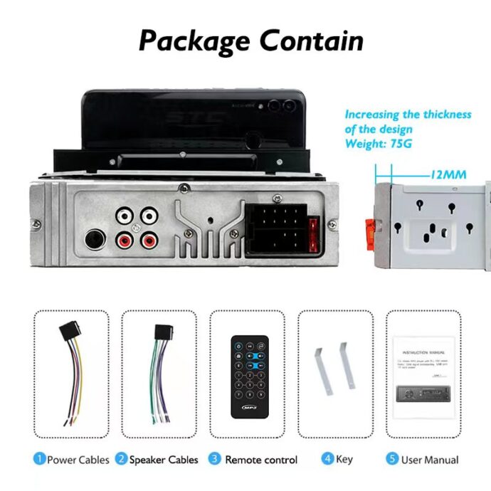 ⁦راديو سيارة 1Din بلوتوث مع منفذ USB/SD وAUX + حامل هاتف مدمج⁩ - الصورة ⁦3⁩