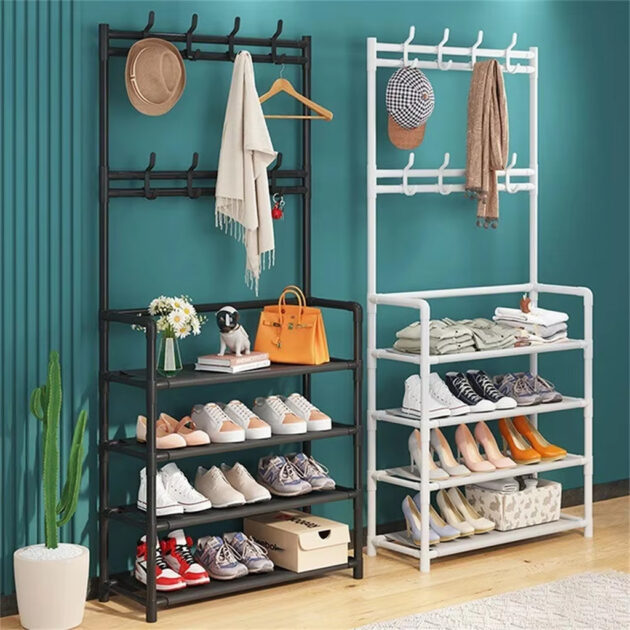 رف أحذية ومعاطف بـ 4 طوابق مع خطافات جانبية 👞🧥