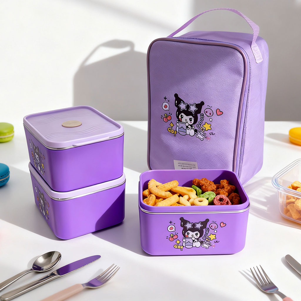 علبة غداء مع حقيبة معزولة بتصميم كرتوني – 3 أقسام لحفظ الطعام 🥪🍱🎒 - الصورة 9