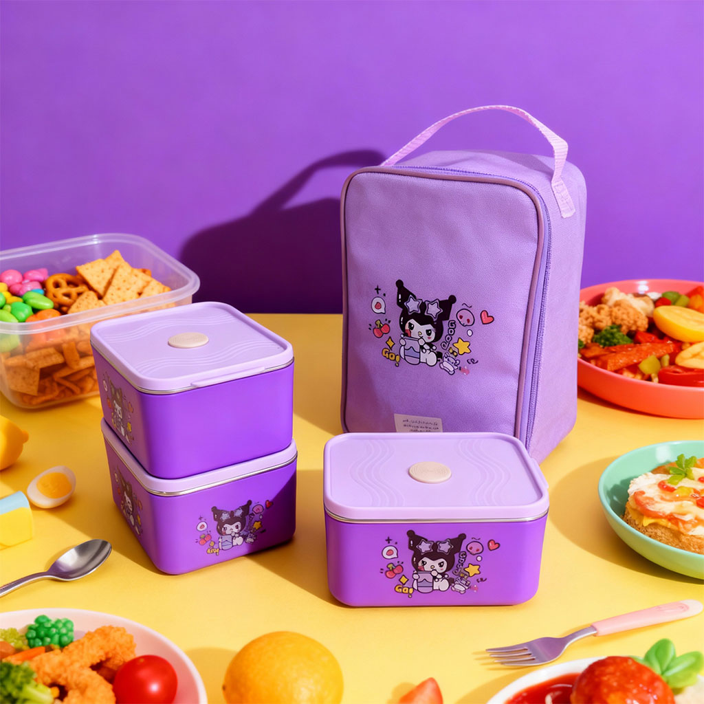 علبة غداء مع حقيبة معزولة بتصميم كرتوني – 3 أقسام لحفظ الطعام 🥪🍱🎒 - الصورة 10