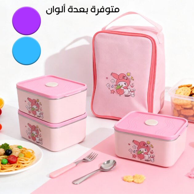 علبة غداء مع حقيبة معزولة بتصميم كرتوني – 3 أقسام لحفظ الطعام 🥪🍱🎒