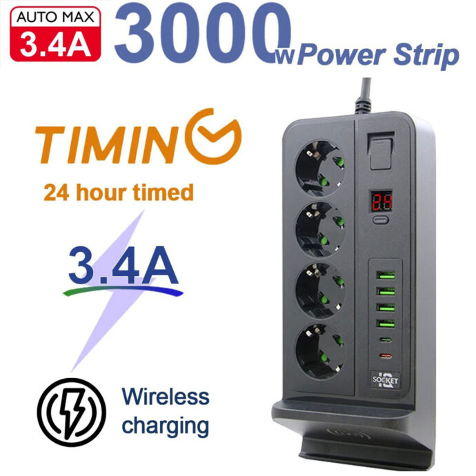 ⁦مقبس كهربائي متعدد 3000 واط بـ 4 منافذ و4 منافذ USB ومنفذين Type-C مع شحن لاسلكي⁩ - الصورة ⁦2⁩