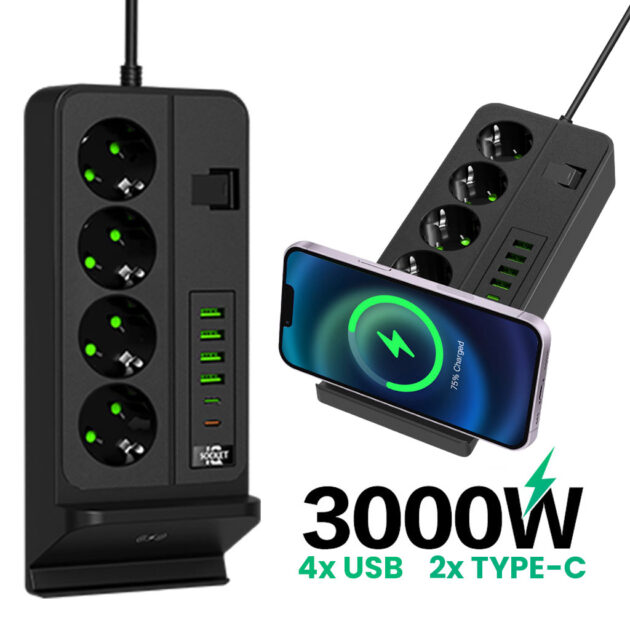 مقبس كهربائي متعدد 3000 واط بـ 4 منافذ و4 منافذ USB ومنفذين Type-C مع شحن لاسلكي