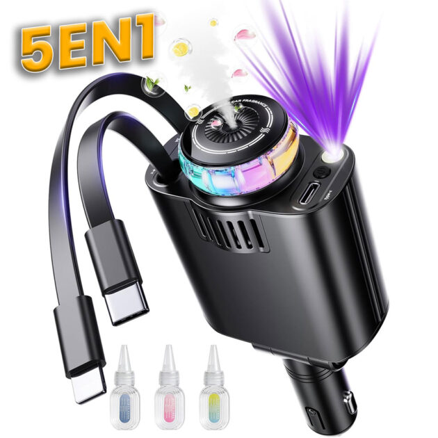شاحن سيارة قابل للسحب 5 في 1 مع خاصية الشحن السريع، مزوّد بمعطر هواء وإضاءة نجوم ديكورية⚡🚗