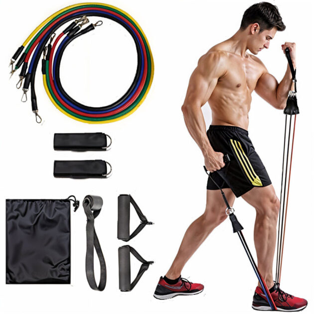 مجموعة حبال مطاطية للياقة البدنية – طقم تمارين رياضية 11 قطعة (5كغ – 45كغ)  🏋️‍♂️💪