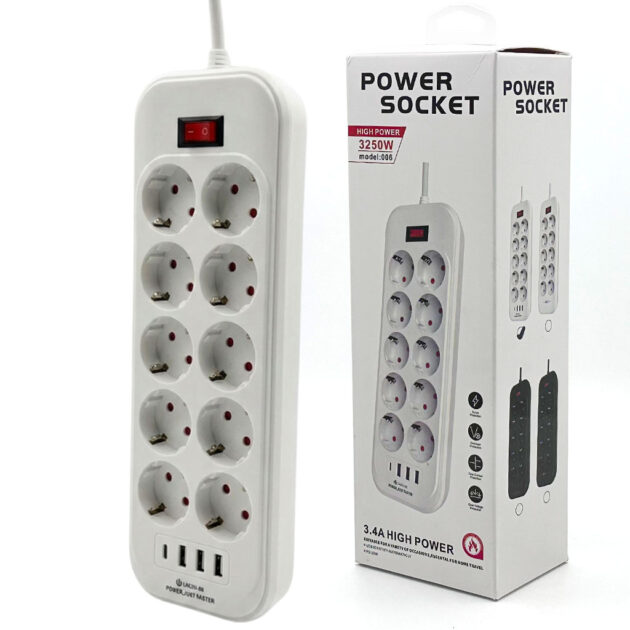 مقبس طاقة متعدد المنافذ – 10 مآخذ و4 منافذ USB بقوة عالية 3250 واط🔌⚡