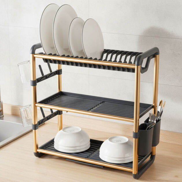 مجفف/منظّم أواني من الألمنيوم عالي الجودة – 3 طوابق – موديل SX-841 🍽️