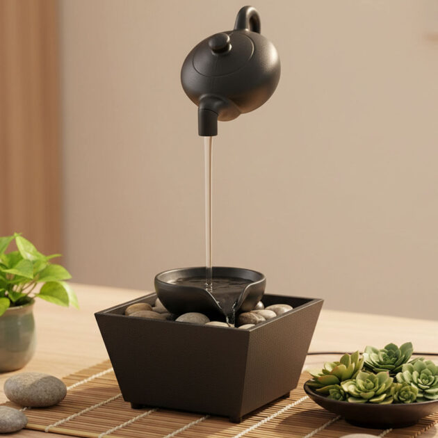 نافورة مياه ديكورية على شكل إبريق شاي عائم مع إضاءة LED وأحجار أنيقة لتزيين الطاولة💧✨