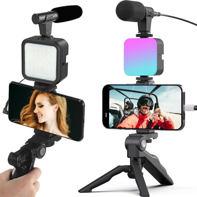 طقم تصوير Vlogging للهاتف والكاميرا مع ميكروفون وإضاءة LED RGB 🎥📱