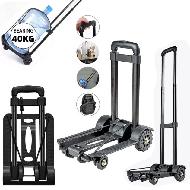 عربة خفيفة بعجلتين وحبال مرنة –قابلة للطي–سهولة في النقل والتخزين 🛒✨