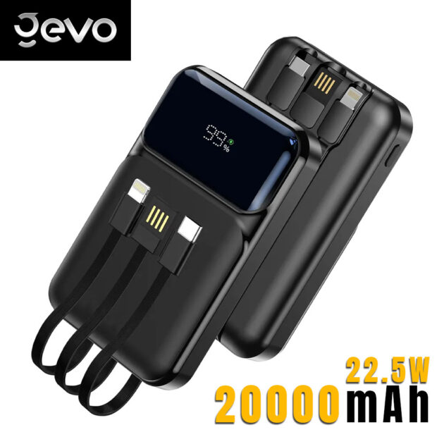 باور بانك Ge-vo 20000mAh – شحن سريع مع شاشة LCD وكابلات مدمجة 🔋⚡