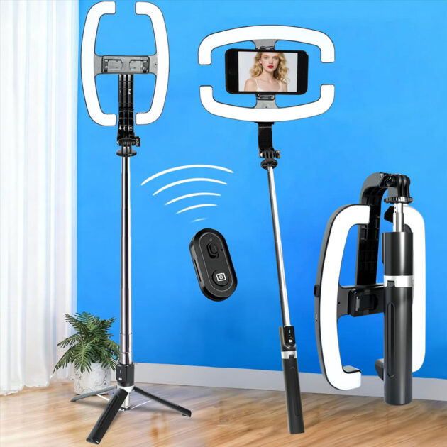 عصا سيلفي قابلة للتمديد مع حامل للهاتف وإضاءة LED مدمجة 🤳✨