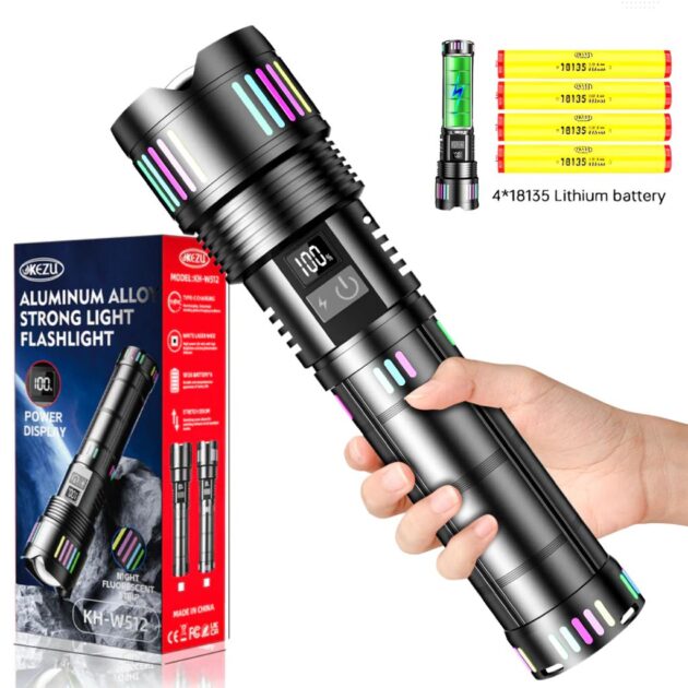 مصباح يدوي تكتيكي فائق القوة 2000 لومن بمدى يصل إلى 600 متر وبطارية 16000mAh 🔦⚡