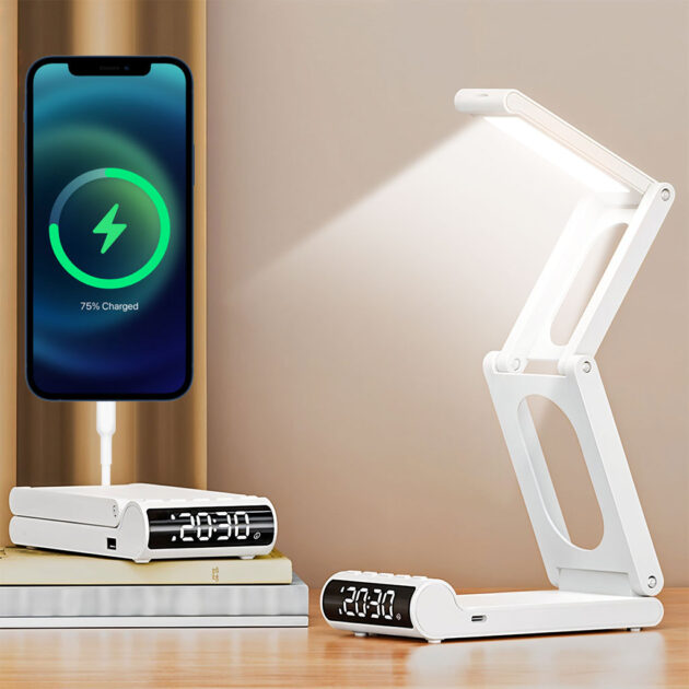 مصباح مكتب لاسلكي قابل لإعادة الشحن مع منبه LED وباور بنك 5000 مللي أمبير💡 ⏰🔋