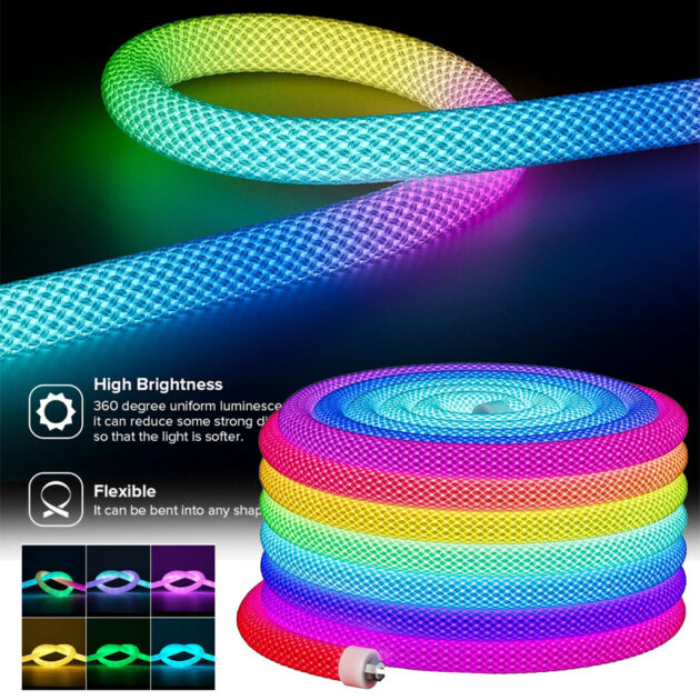 شريط إضاءة نيون LED RGB دائري مرن 360° – تصميم شبكي مذهل للديكور 💡✨