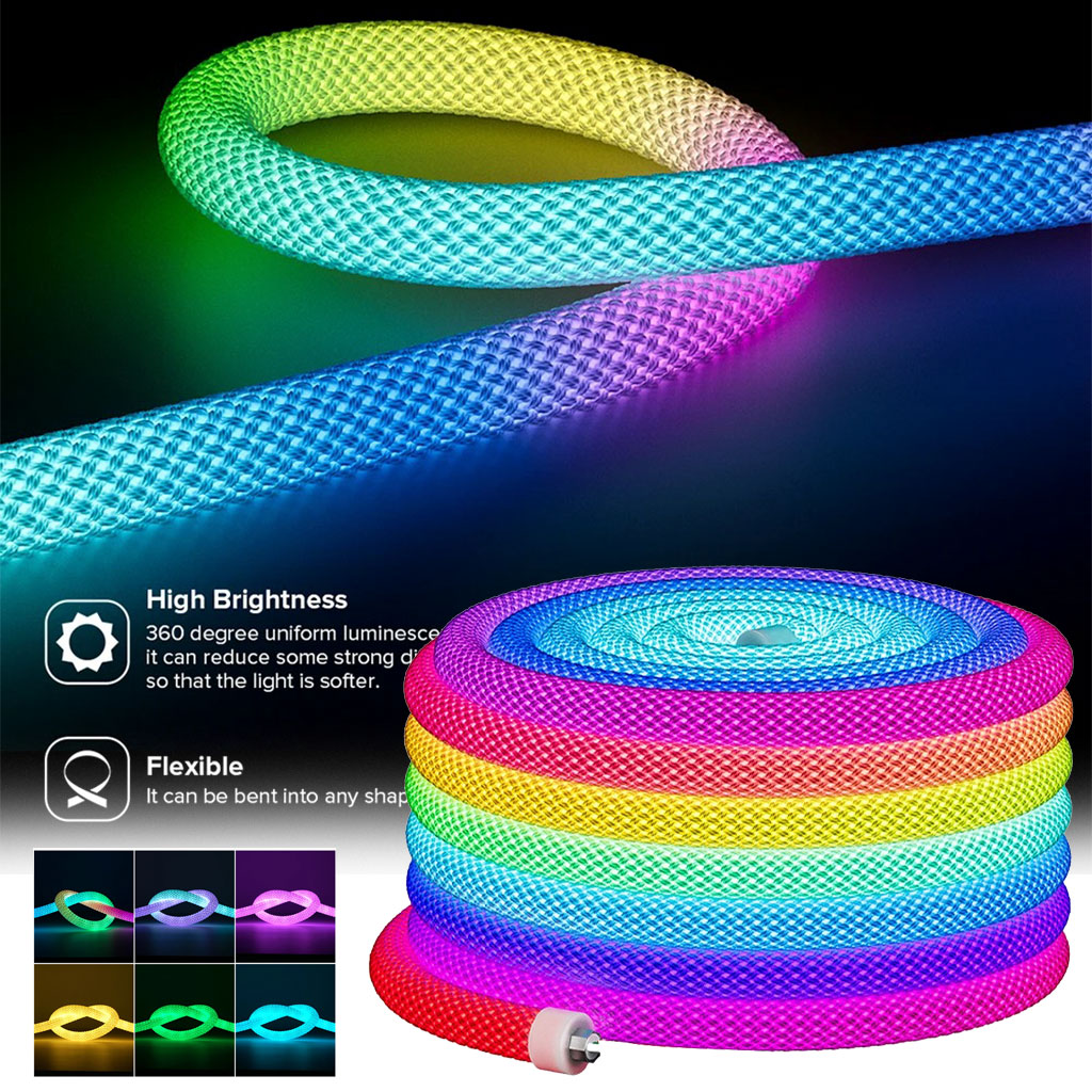 شريط إضاءة نيون LED RGB دائري مرن 360° – تصميم شبكي مذهل للديكور 💡✨
