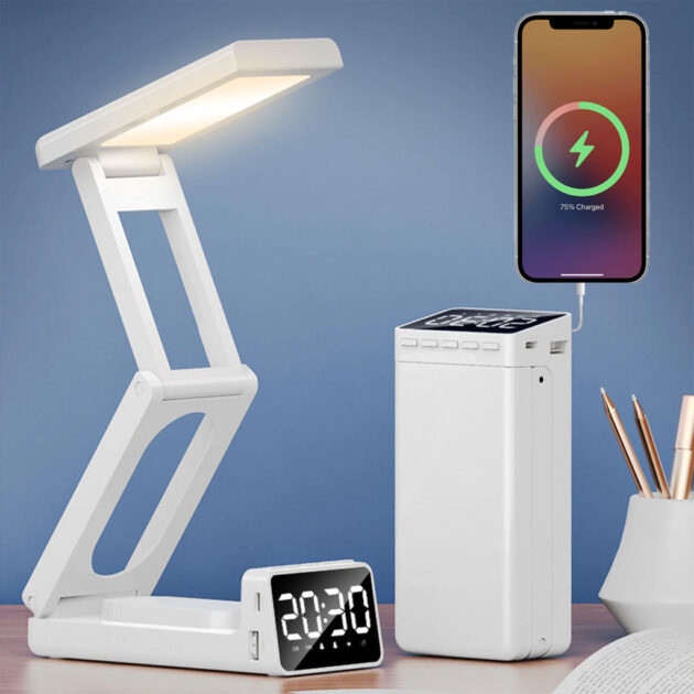 مصباح مكتب لاسلكي قابل لإعادة الشحن مع منبه LED وباور بنك 10000 مللي أمبير💡🔋⏰