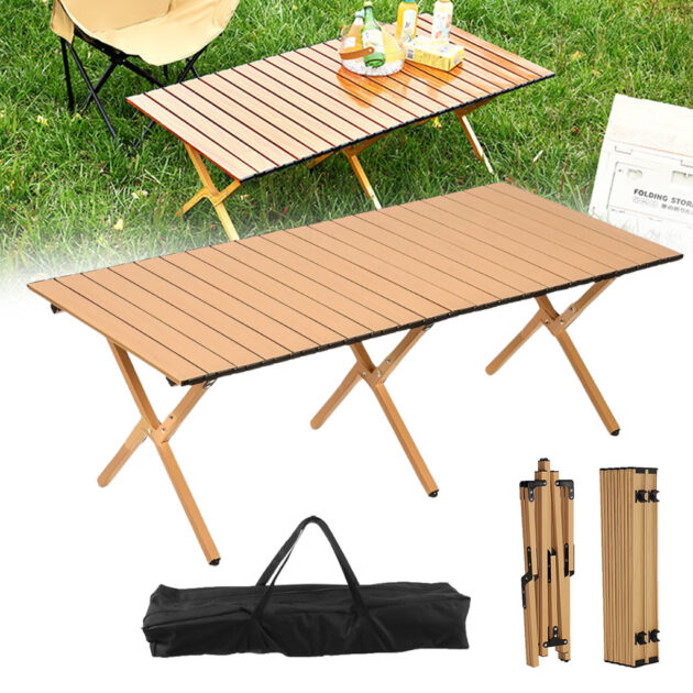 طاولة تخييم من الألمنيوم قابلة للطي بتصميم خشبي أنيق 🏕️🪵
