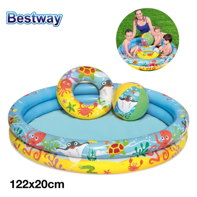 مسبح أطفال دائري هوائي مع عوامة وكرة شاطئ من Bestway بمقاس 122 × 20 سم 🏖️⚽✨
