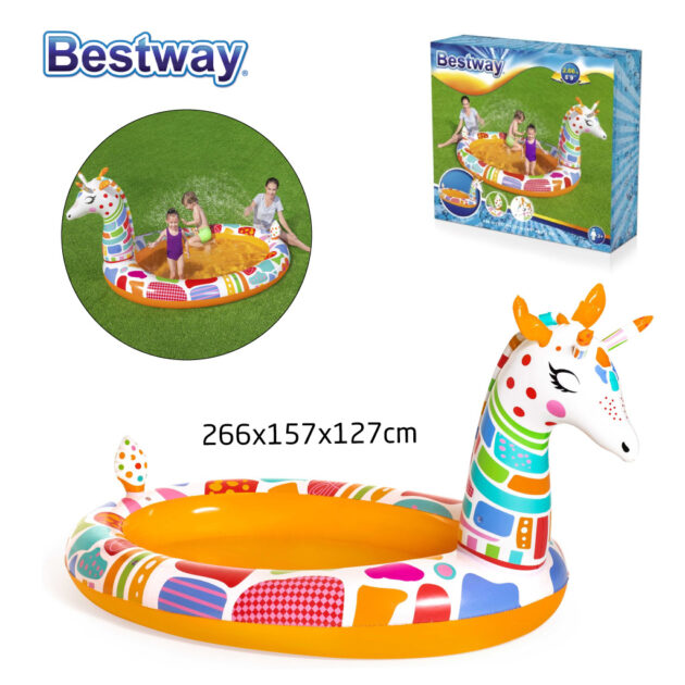 مسبح أطفال هوائي دائري بتصميم الزرافة مع رشاش ماء من Bestway بمقاس 266×157×127 سم 🦒🏊‍♂️