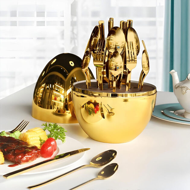 طقم أدوات مائدة إبداعي على شكل بيضة بلون ذهبي (24 قطعة) 🥚🍴